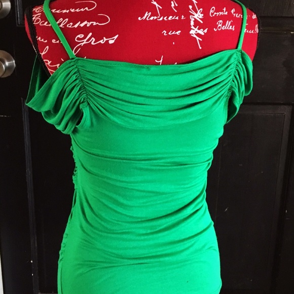 {VENUS} Green Draped Criss Cross Cold Shoulder Top - Picture 4 of 7